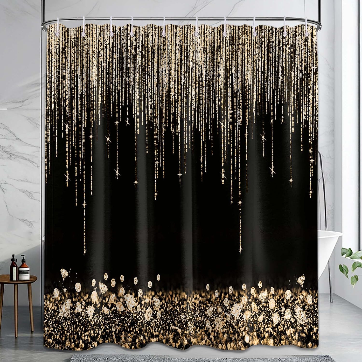 Home Bathroom Spa - Luxe gouden glitter douchegordijn zwart waterdicht