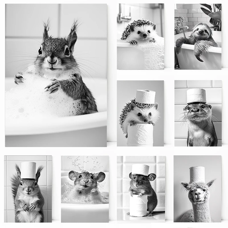 Home Bathroom Wallpaper - Zwart-wit schattige dieren- en toiletpapierposter kat