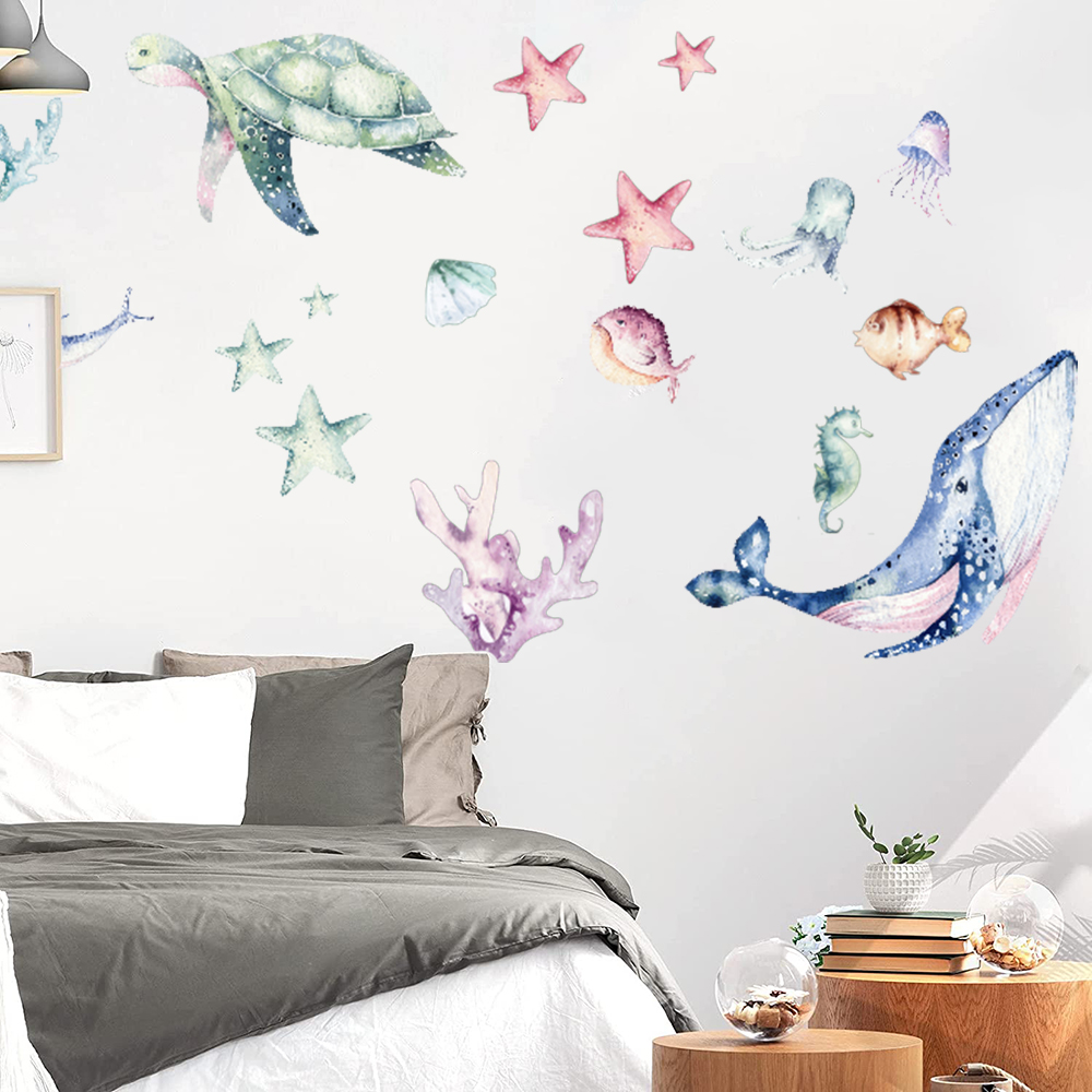 Home Bathroom Floor Tiles - Aquarel zeeleven oceaan muurstickers vis schildpad