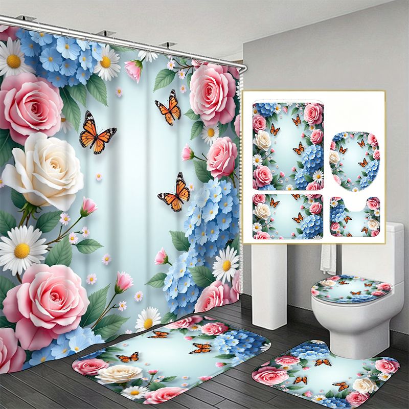 Home Bathroom Remodel - Rozen-hortensia-vlinder rand badkamerset van 4 stuks,
