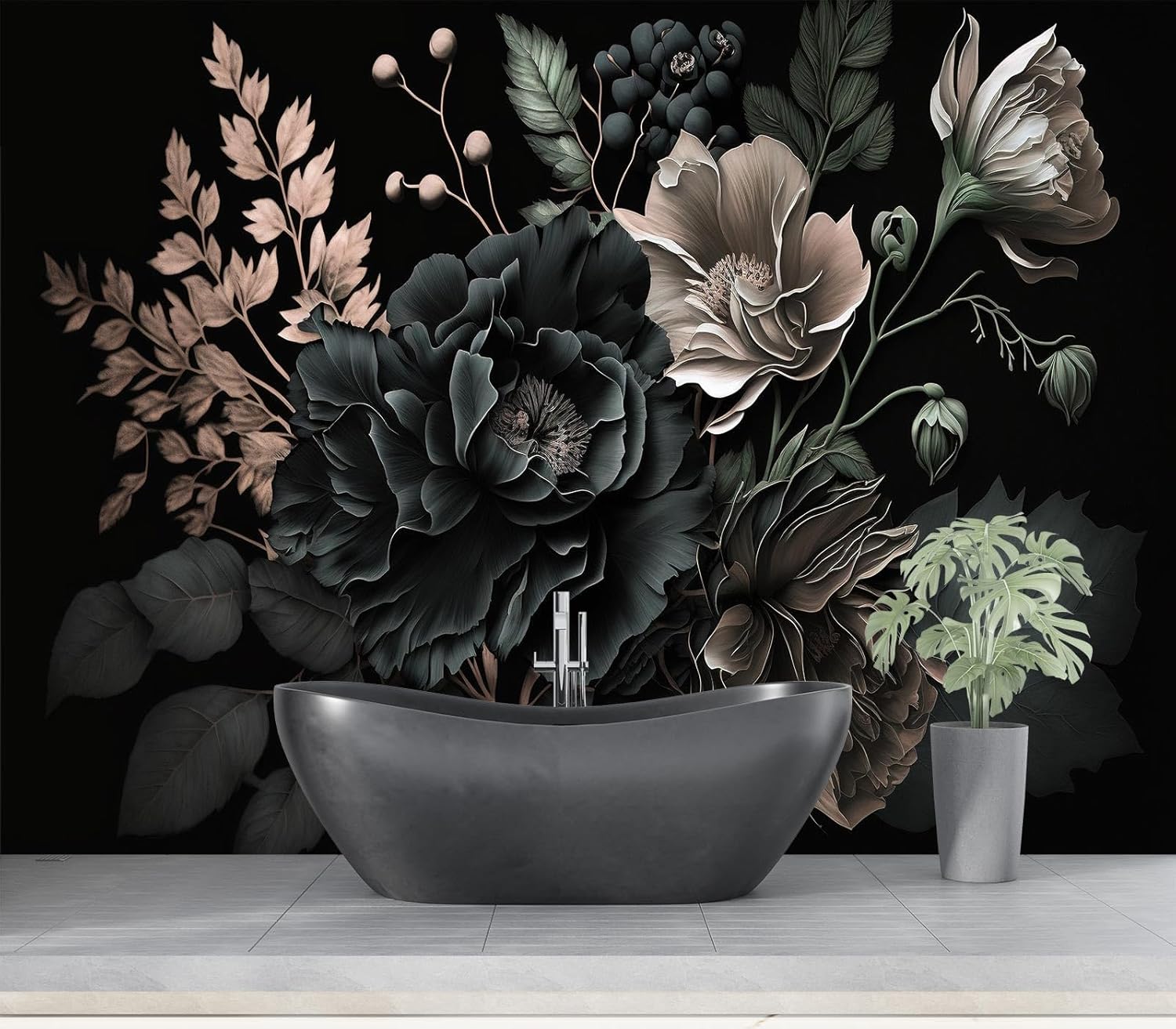 Home Bathroom Wallpaper - Dramatische donkere bloemen botanische pioen tapijt