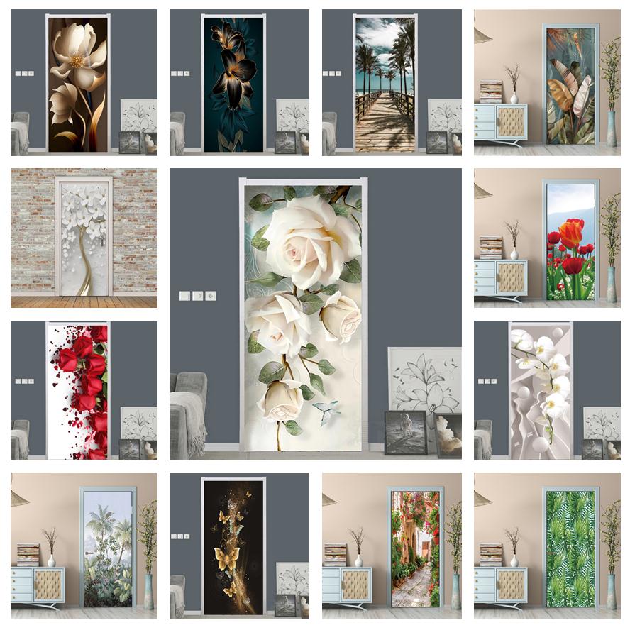 Home Bathroom Door Design - Witte Roos Bloem Behang Voor Deur